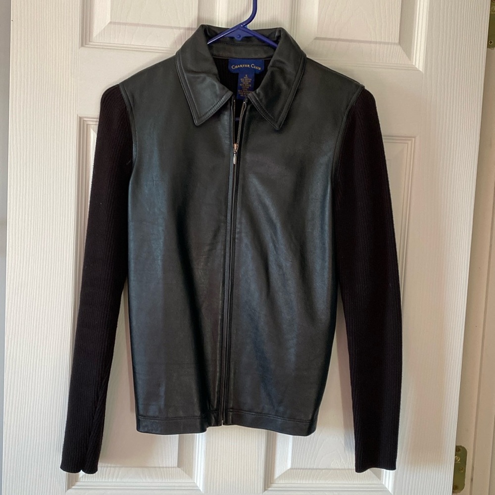 Cotton and leather zip up sweater